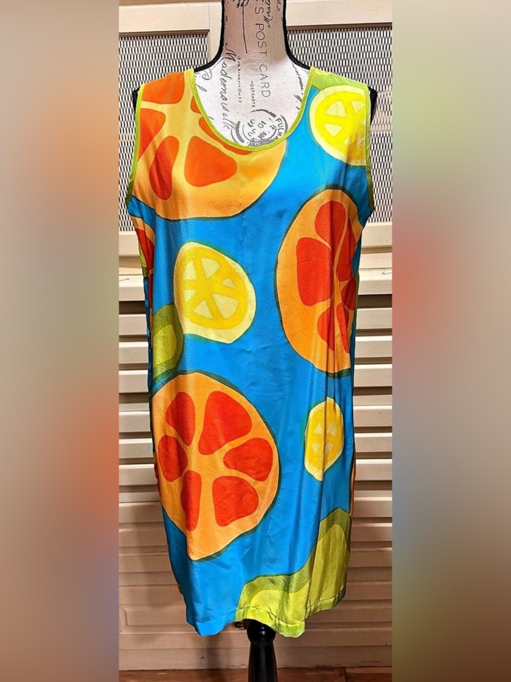 Vintage Mosswear 100% Silk Dress Tunic Large Citrus Orange Lemon Made in USA